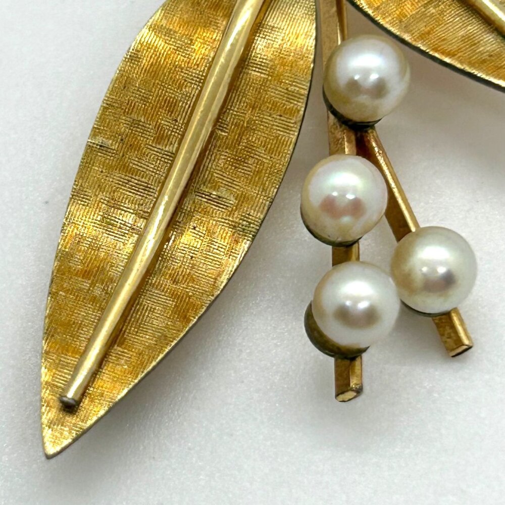 Vintage Krementz Brooch Pin Gold-Tone Leaf & Faux Pearl Floral 1.5 inch - Picture 9 of 16